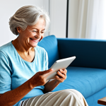 **

"A senior woman with a friendly smile, fully clothed in comfortable attire, using a tablet with a large, easy-to-read interface, sitting in a bright living room, safe for work, appropriate content, professional, modest, family-friendly, perfect anatomy, correct proportions, natural pose, well-formed hands, proper finger count, natural body proportions, promoting digital inclusion."

**