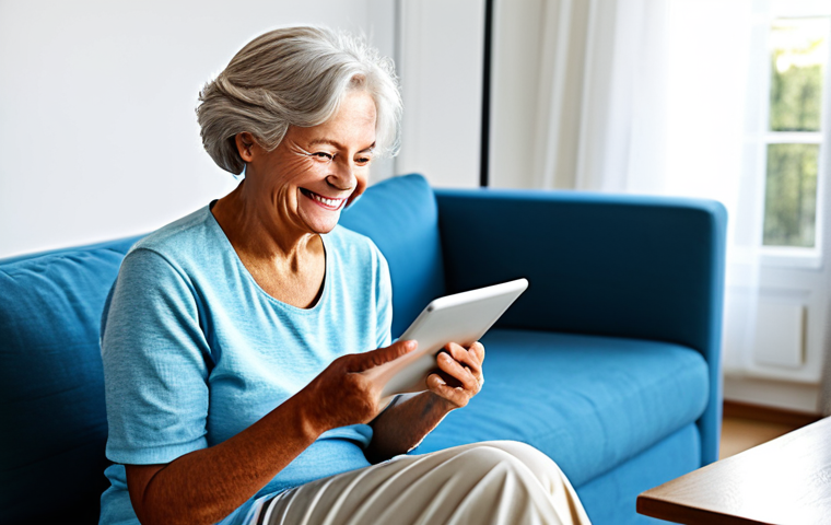 **
"A senior woman with a friendly smile, fully clothed in comfortable attire, using a tablet with a large, easy-to-read interface, sitting in a bright living room, safe for work, appropriate content, professional, modest, family-friendly, perfect anatomy, correct proportions, natural pose, well-formed hands, proper finger count, natural body proportions, promoting digital inclusion."
**
